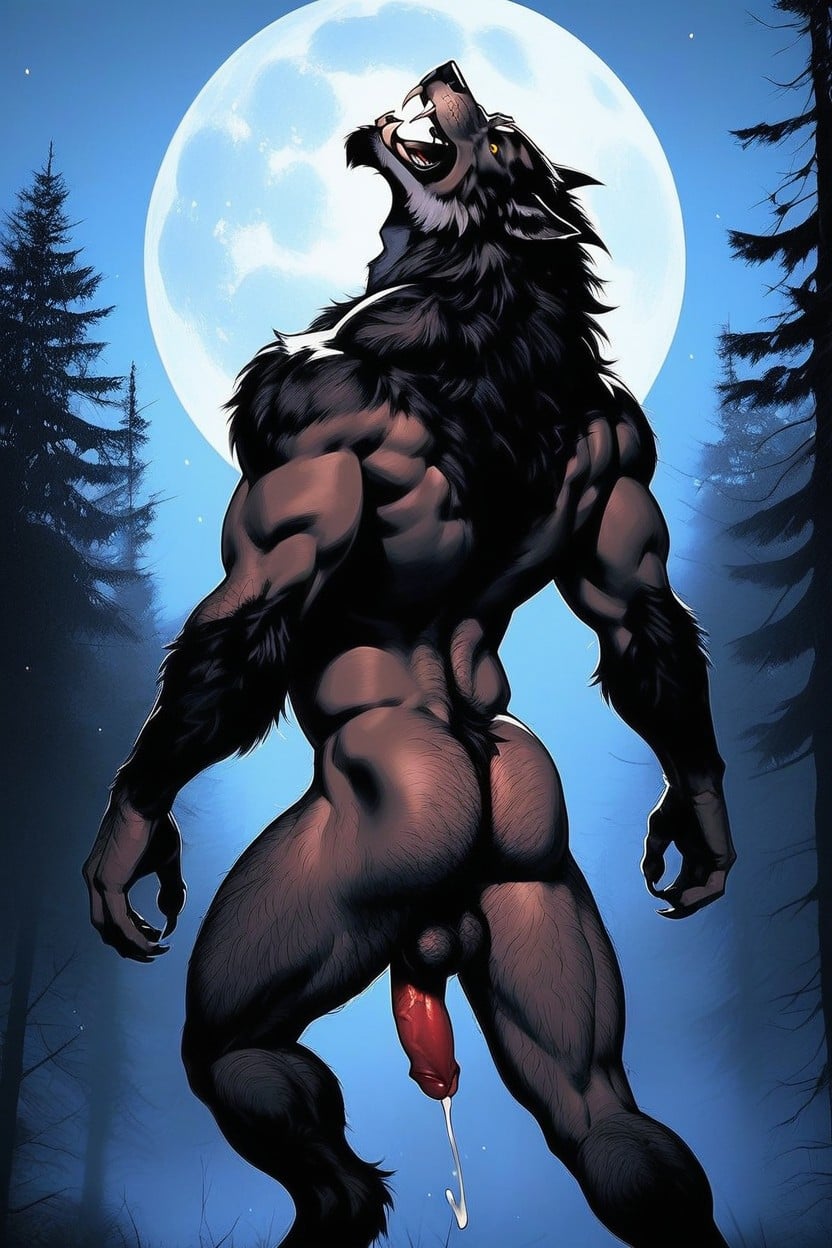 Éjaculation, Howling At The Moon, Standing On Its Muscular Hind Digitigrade Legs Porno IA Gay