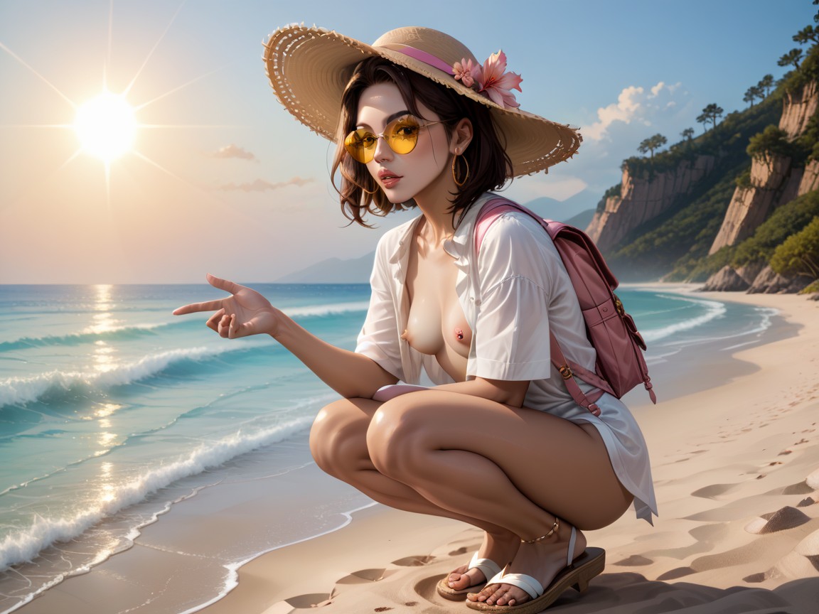 Beautiful Face, Side View, Large Floppy Sun Hat Hentai AI Porn