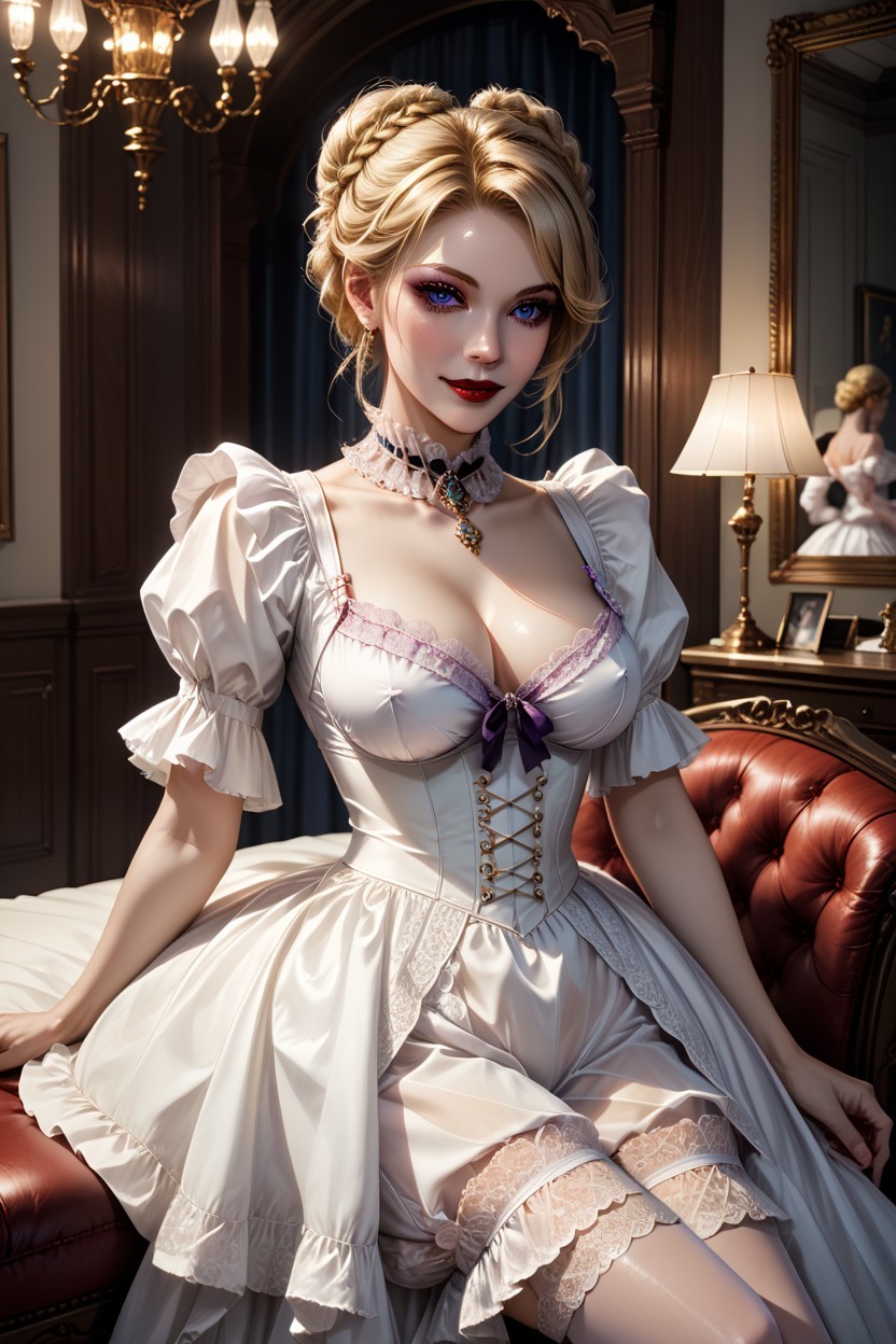 Red Lips, Victorian Undergarments, Mid Swept Bangs AI Porn