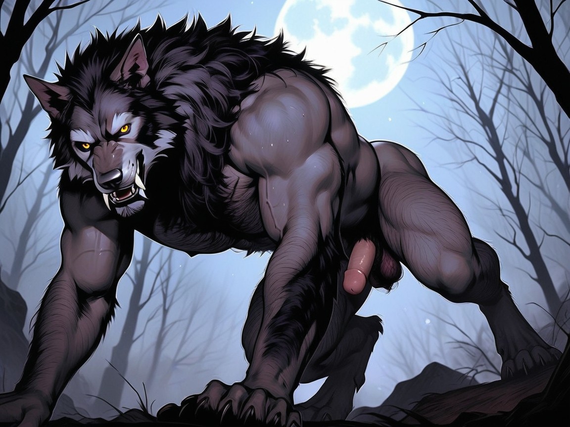 Werewolf Has Hairy Muscular Digitigrade Legs, Happy, Werewolf Has Wolfl Ike Features AI Gay Porn