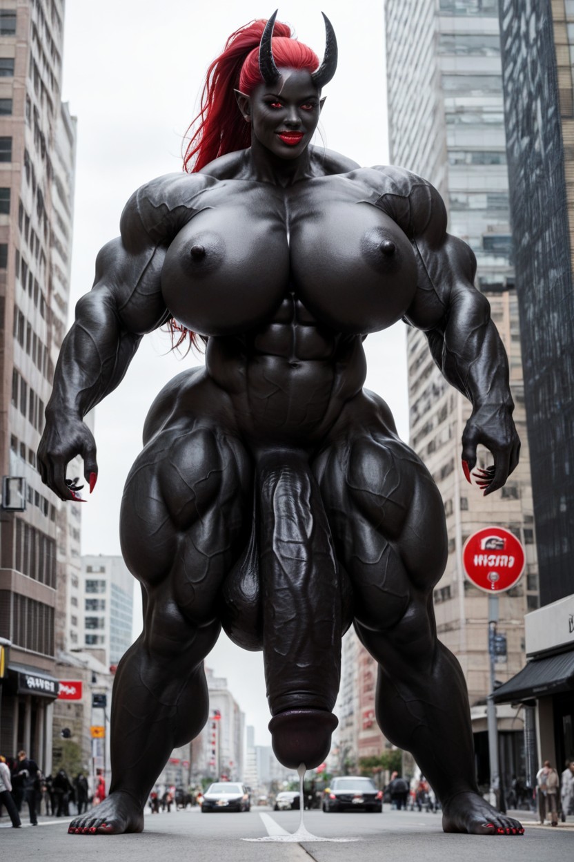 Toned Muscles, Gigantic Perfect Boobs, Exaggerated Massive Black Cock Shemale AI Porn