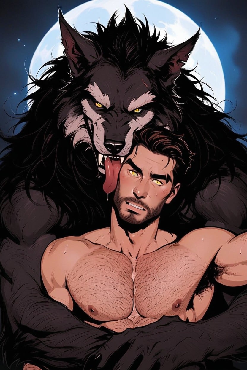 Werewolf Is Licking The White Male, The Werewolfs Naked Body On Full Display, Happy Porno IA Gay