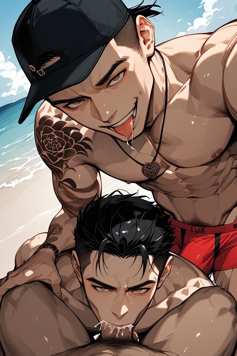 Beach, Shirtless, Tongue Out AI Gay Porn