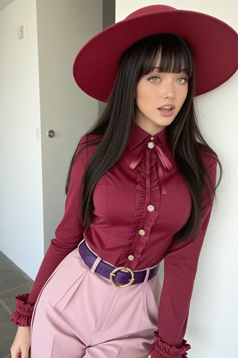 Magenta Pantsuit, Magenta Shirt, Thick Purple Belt AI Porn