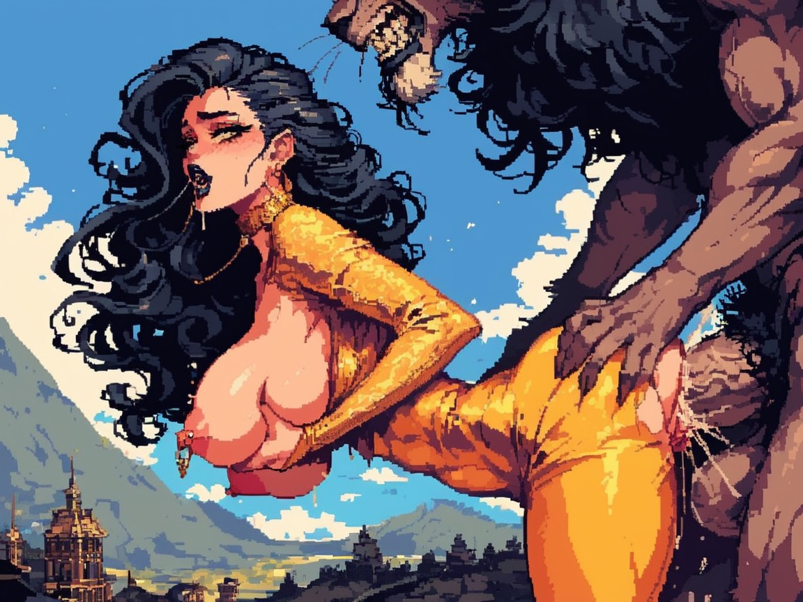Black Eyeliner, Torn Yellow Yoga Pants, Extremely Large Lion Cock Spreading Pussy AI Porn
