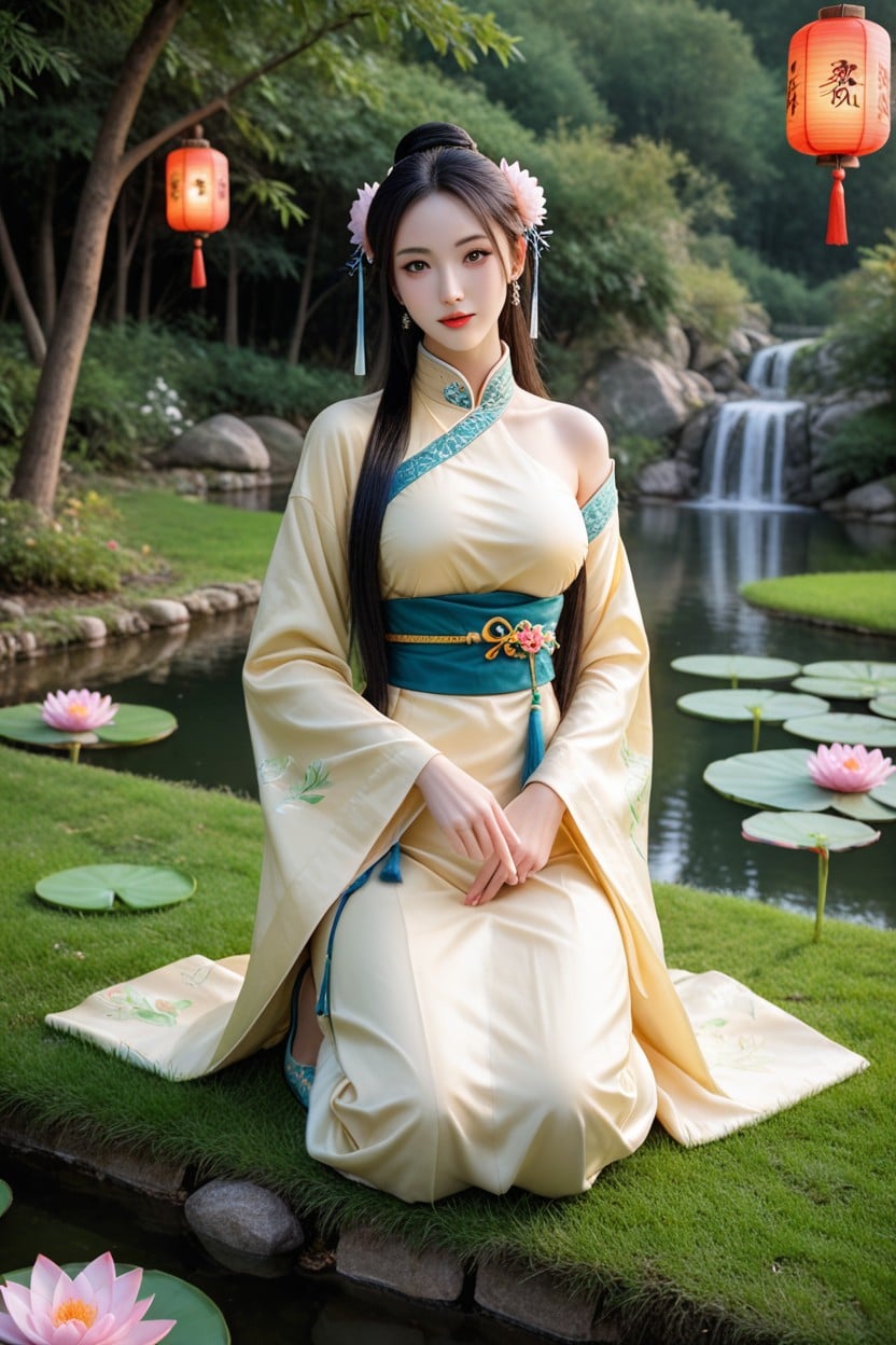 Green And Yellow Hanfu, One Finger On Cheek, Red Hairpins Asian AI Porn