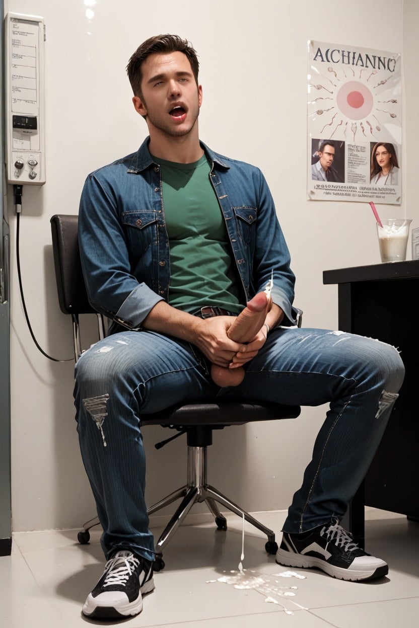 Holding Specimen Cup In Hand, Jeans, Cheveux Noirs Porno IA Gay