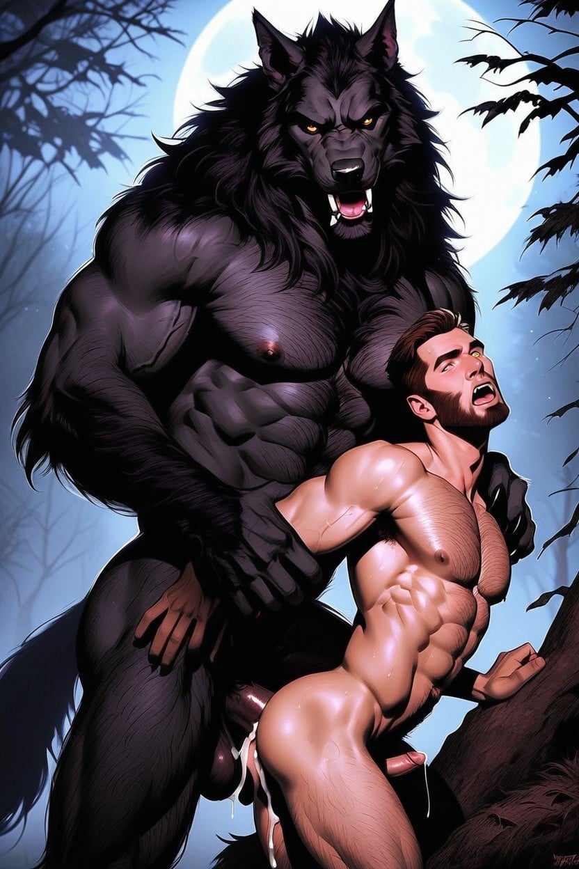 White Man Is Grabbing A Tree Trunk For Support, Muscular Werewolf Body, Large Paw Feet AI Gay Porn