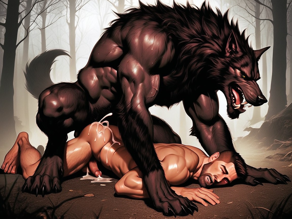 2 People, Werewolf Sweating, The Werewolfs Yellow Eyes Are Wide Open With Excitement AI Gay Porn
