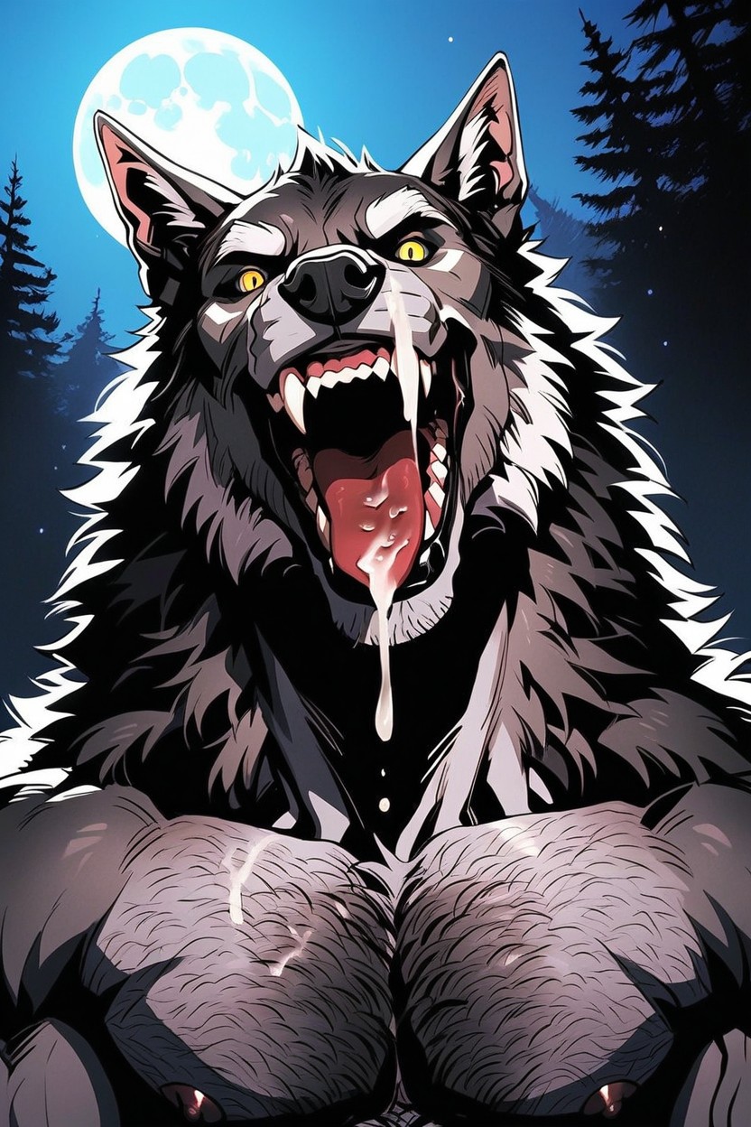 A Highly Detailed Photorealistic Drawing Werewolf, Muscular, The Werewolf Is Covered In Grey Fur AI Gay Porn