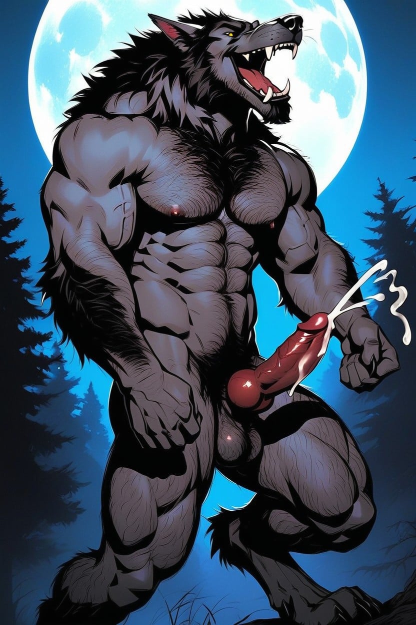 Full Moon Rising In The Distance, Tirer La Langue, The Werewolf Is Flexing His Biceps Porno IA Gay