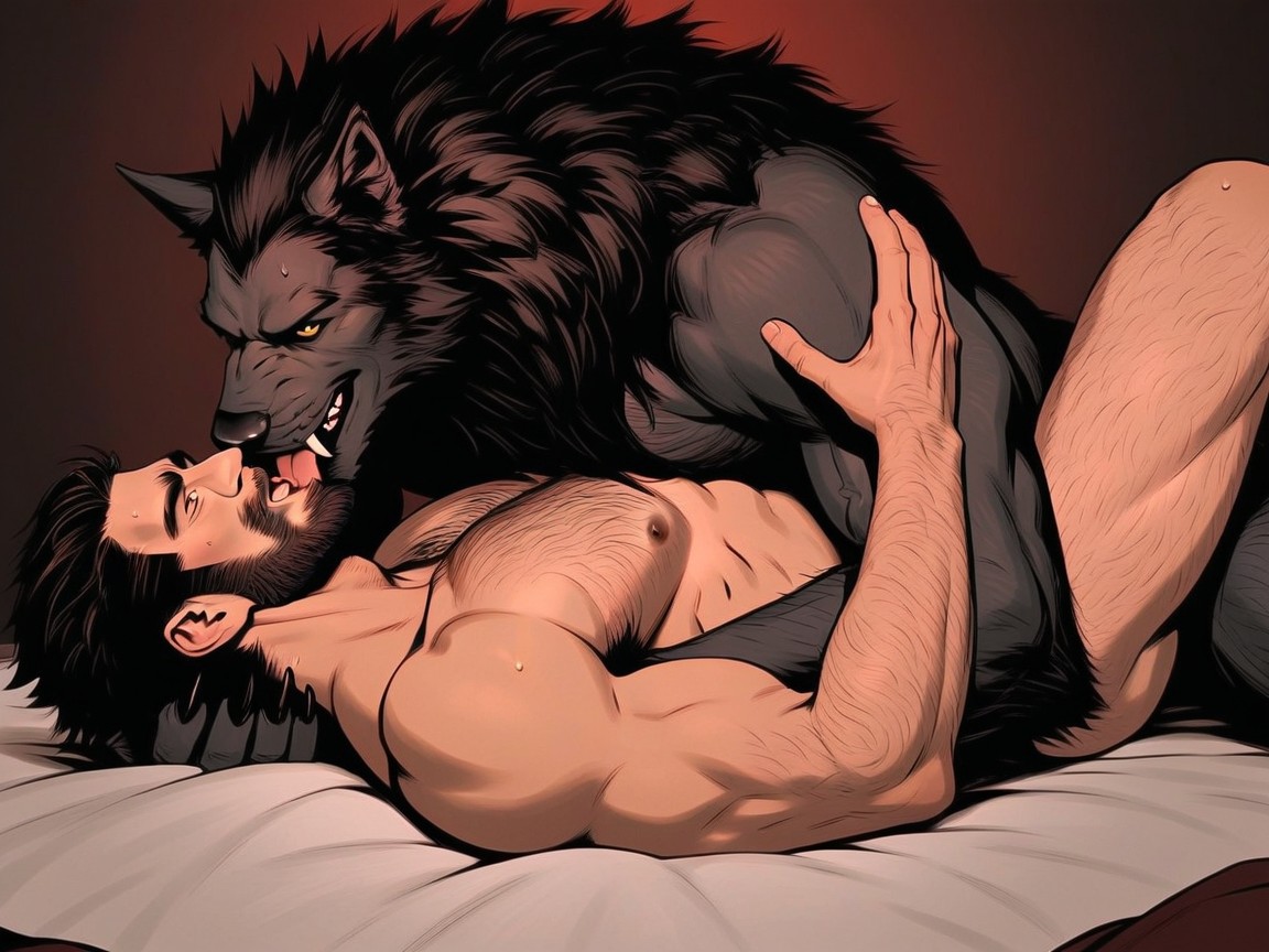 18+, Nighttime, Muscular Werewolf Body AI Gay Porn