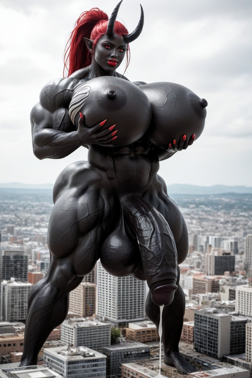 Black Skin, Red Eyes, Futanari Penis Dripping Pre Cum Shemale AI Porn