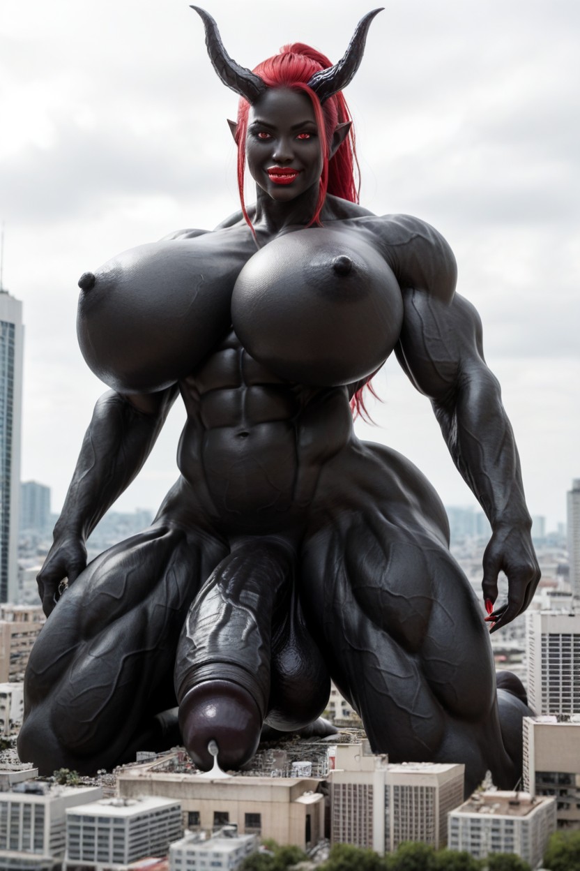 Gigantic Perfect Boobs, Seductive Pose, Hyper Black Balls Shemale AI Porn
