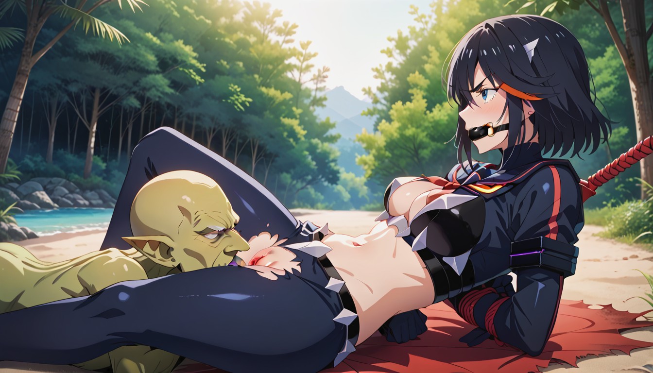 Female Full Armor, Angry, Male Goblin Sitting Above A Female Hentai AI Porn
