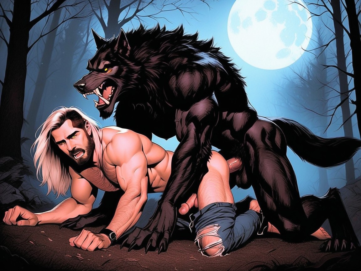 Side View, The Werewolf Has A Hairy Wolflike Body, A Highly Detailed Photorealistic Drawing Of Gay Werewolf Sex AI Gay Porn