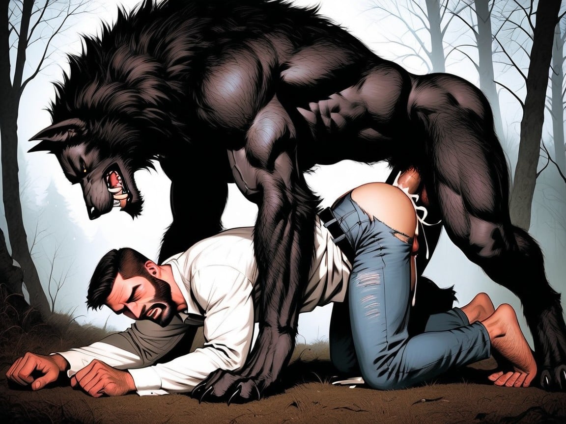 Werewolf Furry, Werewolf Has Thick Black Fur, Jeans AI Gay Porn