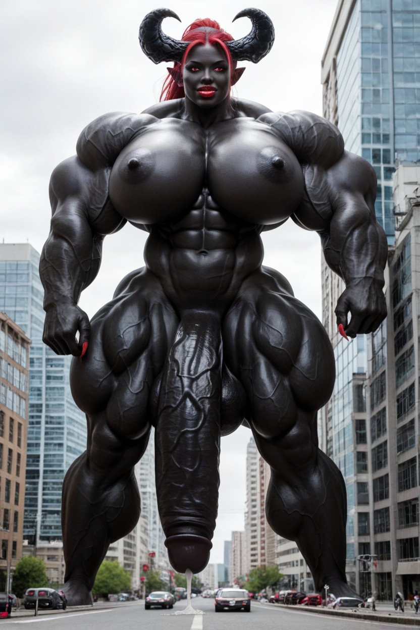 Red Lips, Giant Body, Exaggerated Massive Black Cock Shemale AI Porn