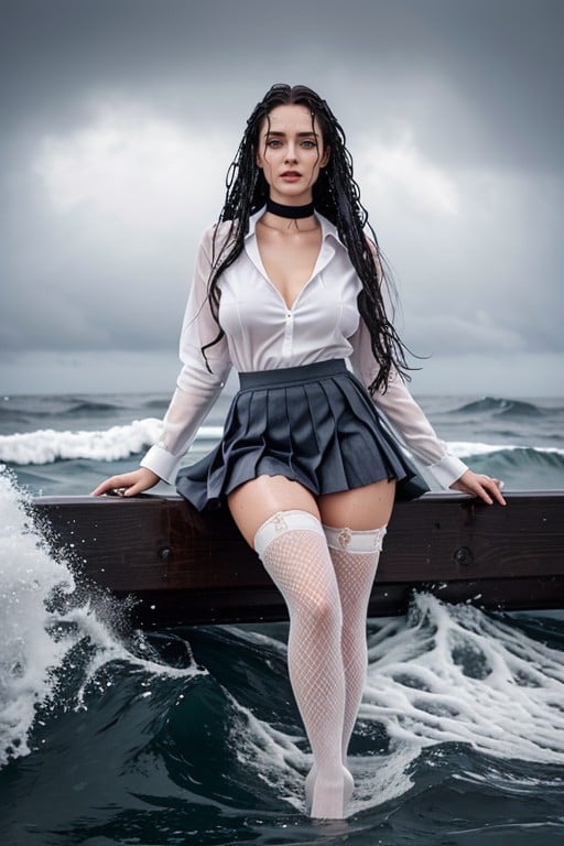 Heavy Rain, Latex Pleated Black Skirt, Floor Length Hair AI Porn