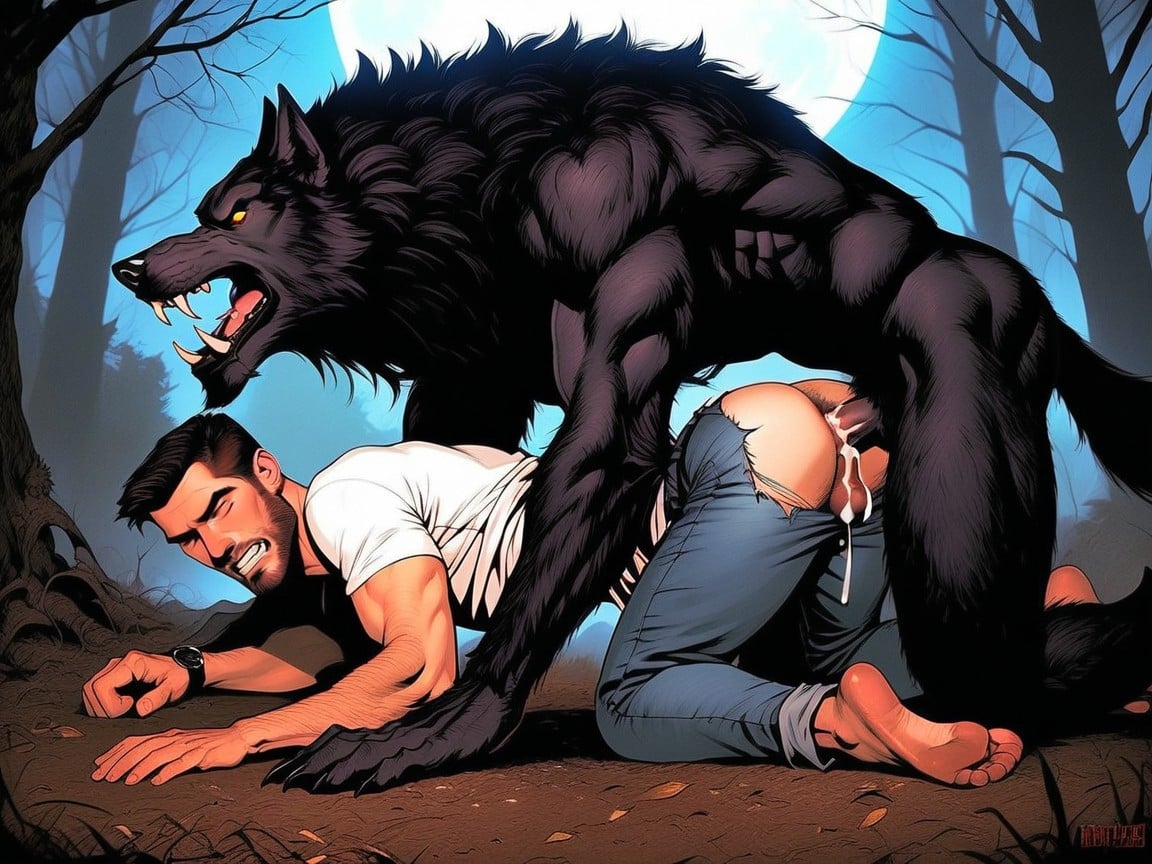 Creampie, 2 People, Massive Muscular Werewolf Large Hair Covered Chest Muscles AI Gay Porn