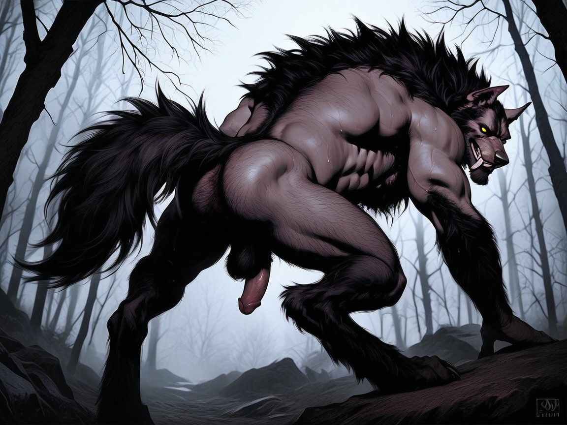 18+, Werewolf Has Hairy Muscular Digitigrade Legs, A Monstrous Hairy Like Werewolf AI Gay Porn