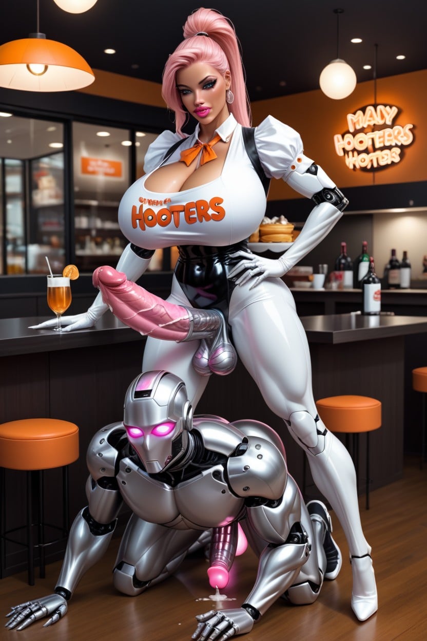 Futa Fucks Male, 18+, Robot Futanari Hooters Waitress With Clear Latex Leotard Shemale AI Porn