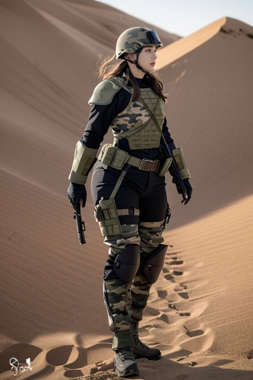 Tight Camouflage Military Shirt, Holding A Barrett M Rifle, Waist Shot アジアのAIポルノ