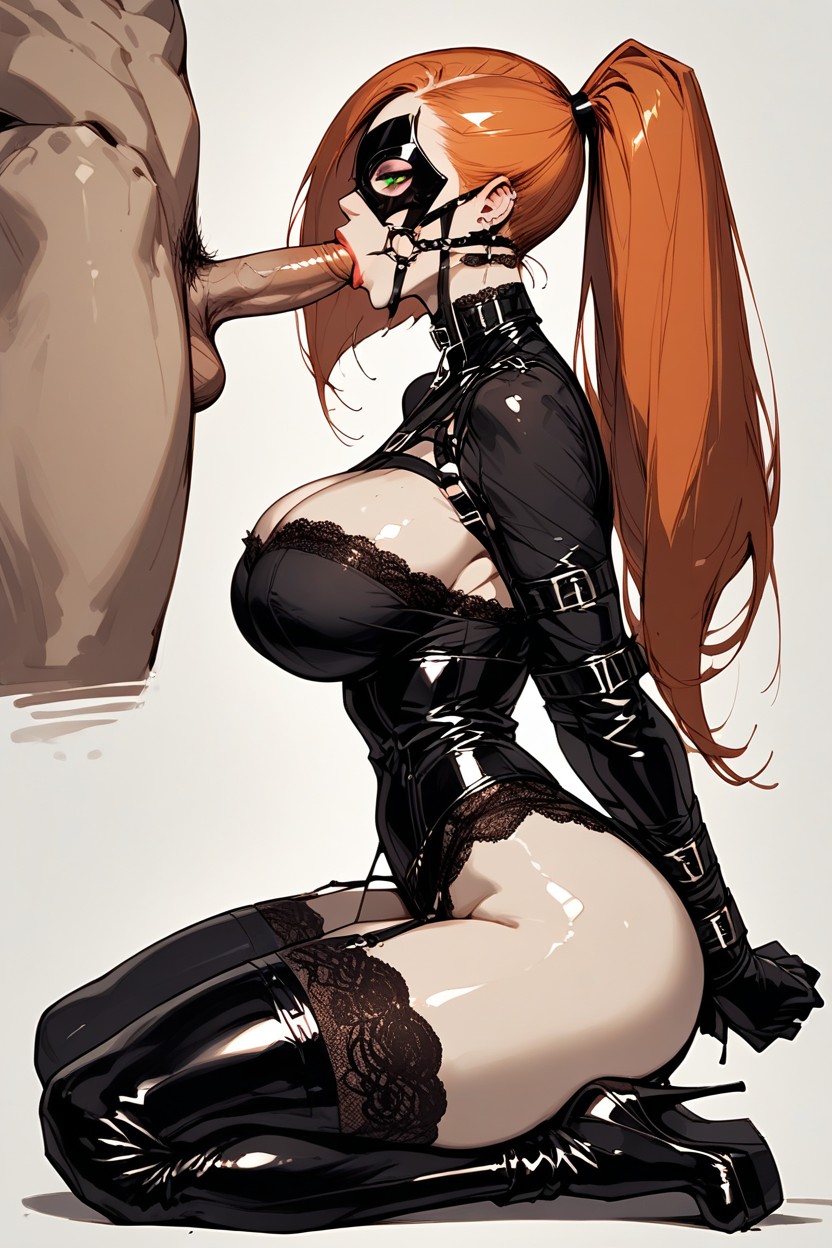Black Lace High Stockings With Garter Belt, Long Black Eyelashes, Ring Gag Hentai AI Porn