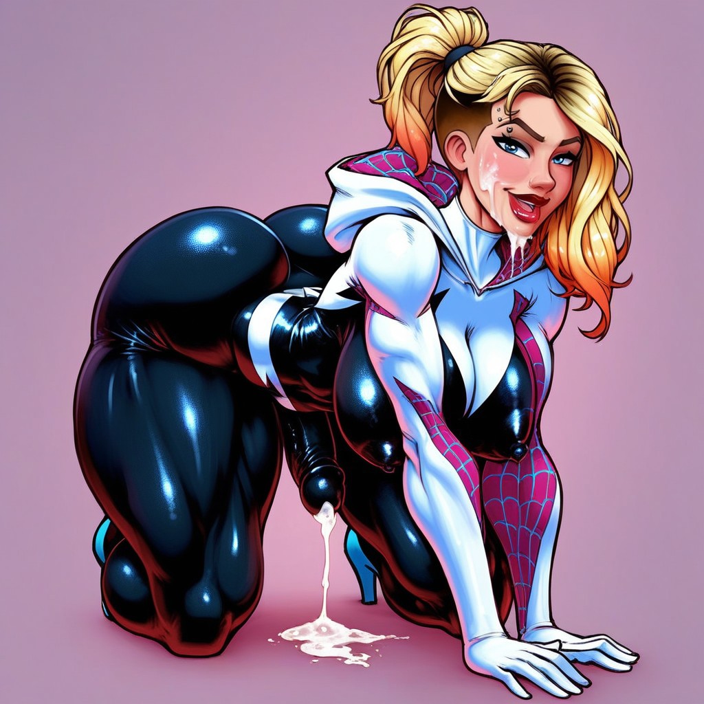 Shiny Classic Spider Gwen Bodysuit, Red Lips, Small Shemale AI Porn