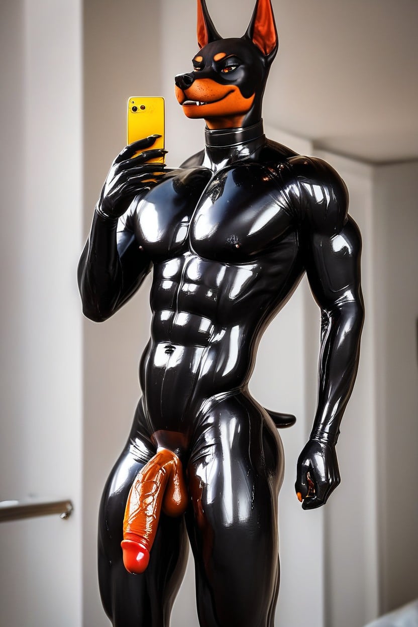 Muscular, Posing Selfie Latex, Dog Furry AI Porn