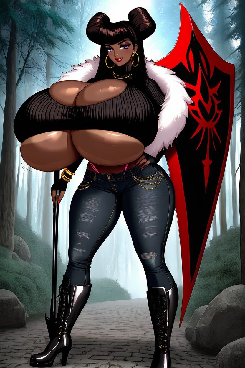 Black Fingerless Gloves, Gold Hoop Earrings, Hyper Breasts Porno ebony IA