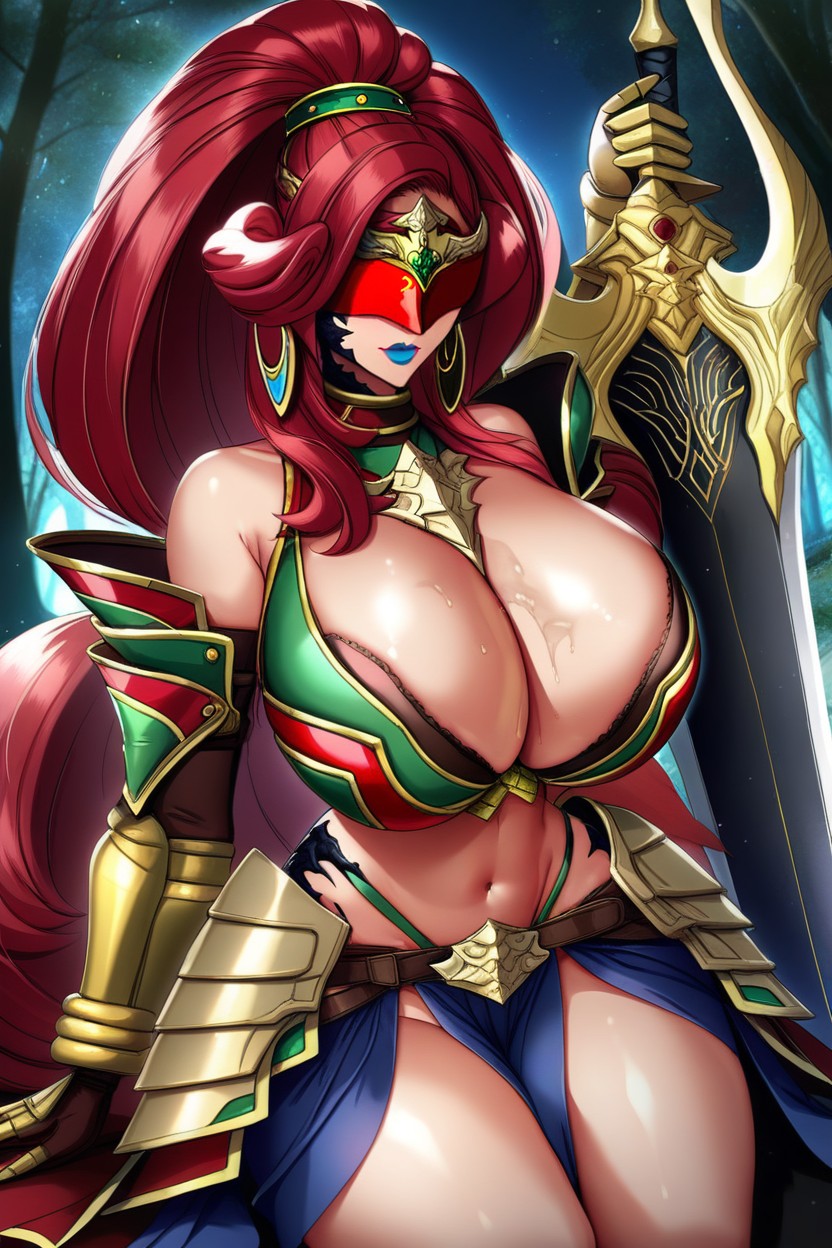 Gold Cuirass Armor On Chest, Colossal Breasts, Forest Lake Hentai AI Porn