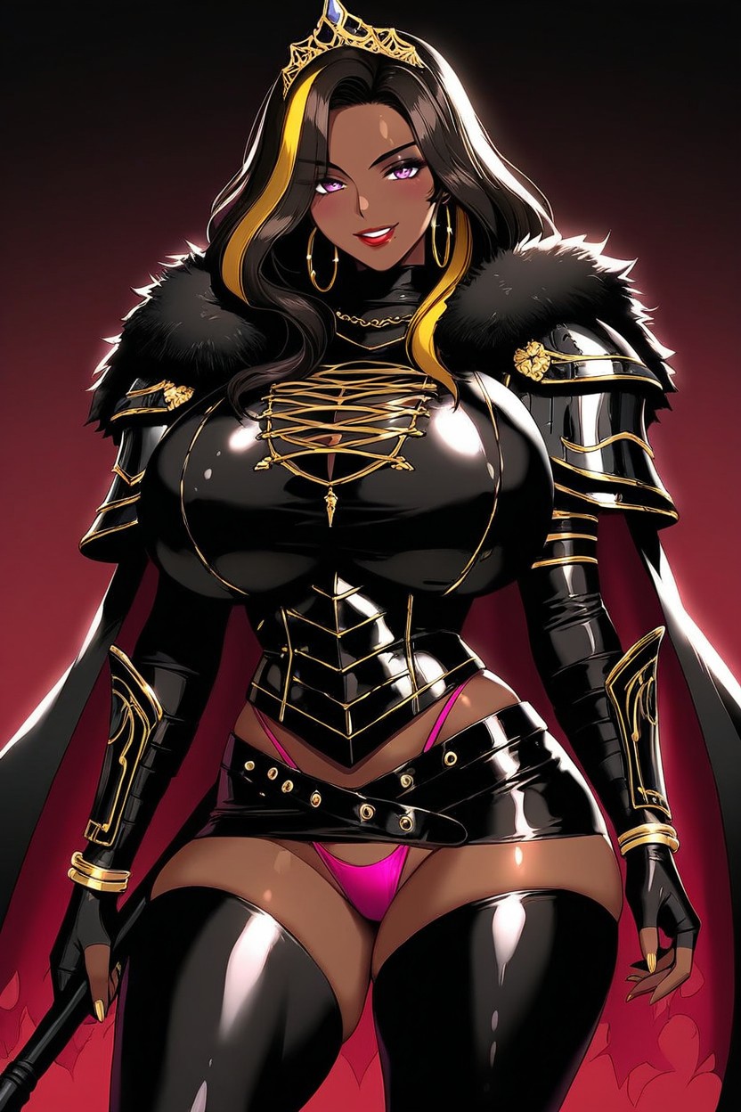 Black Hair With Gold Highlights, Gold Tiara With Purple Opal On Head, Female Knight Ebony AI Porn