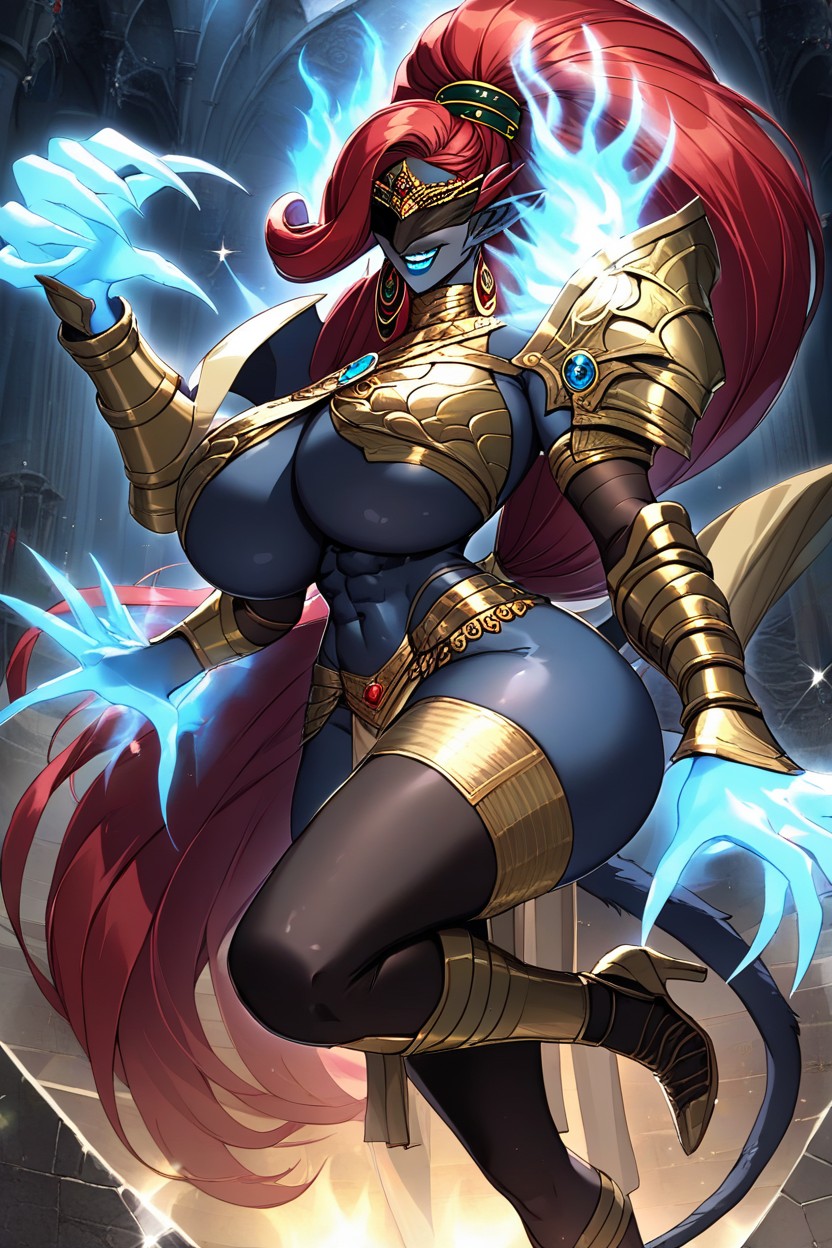 Gold Armor Gauntlets With Neon Blue Reverse Swords, Black Dragon Tail, Succubus AI Porn