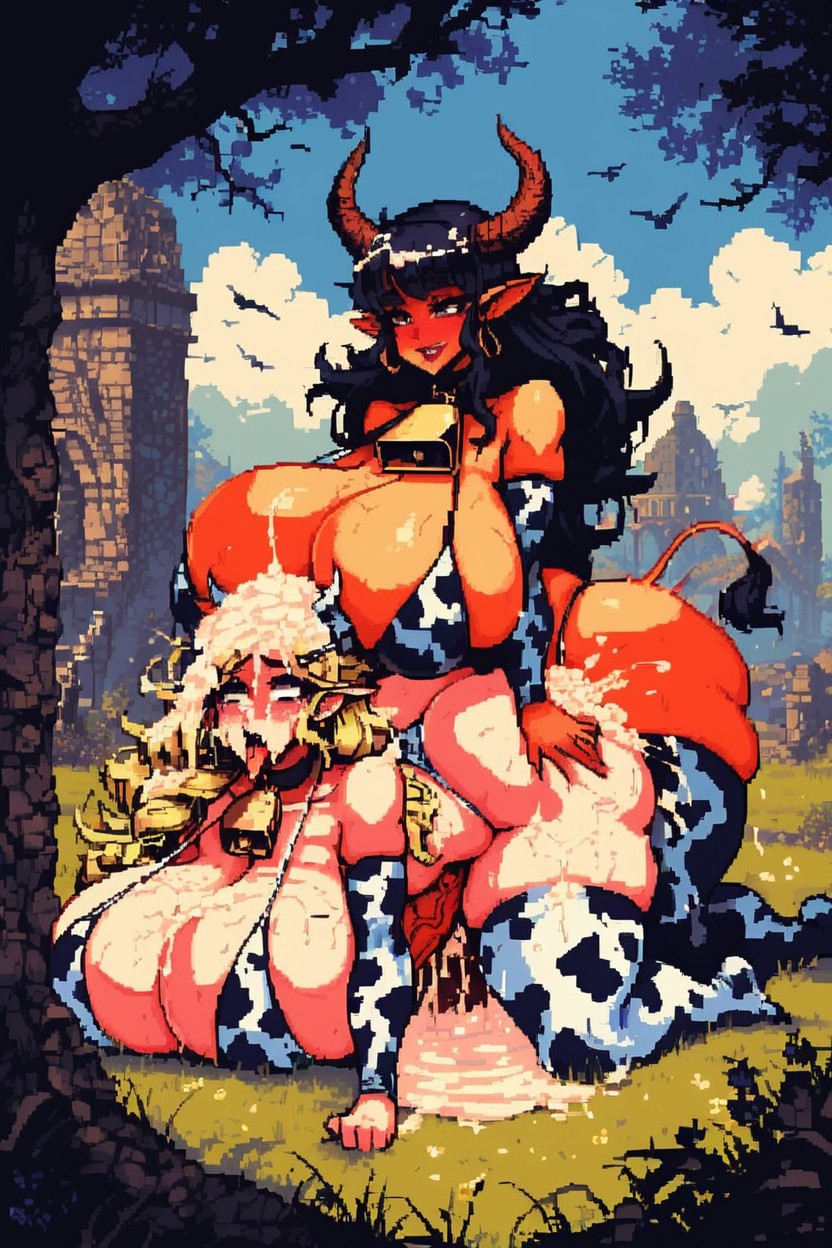 Cowprint Stockings, Cum On Tits, Horns Shemale AI Porn