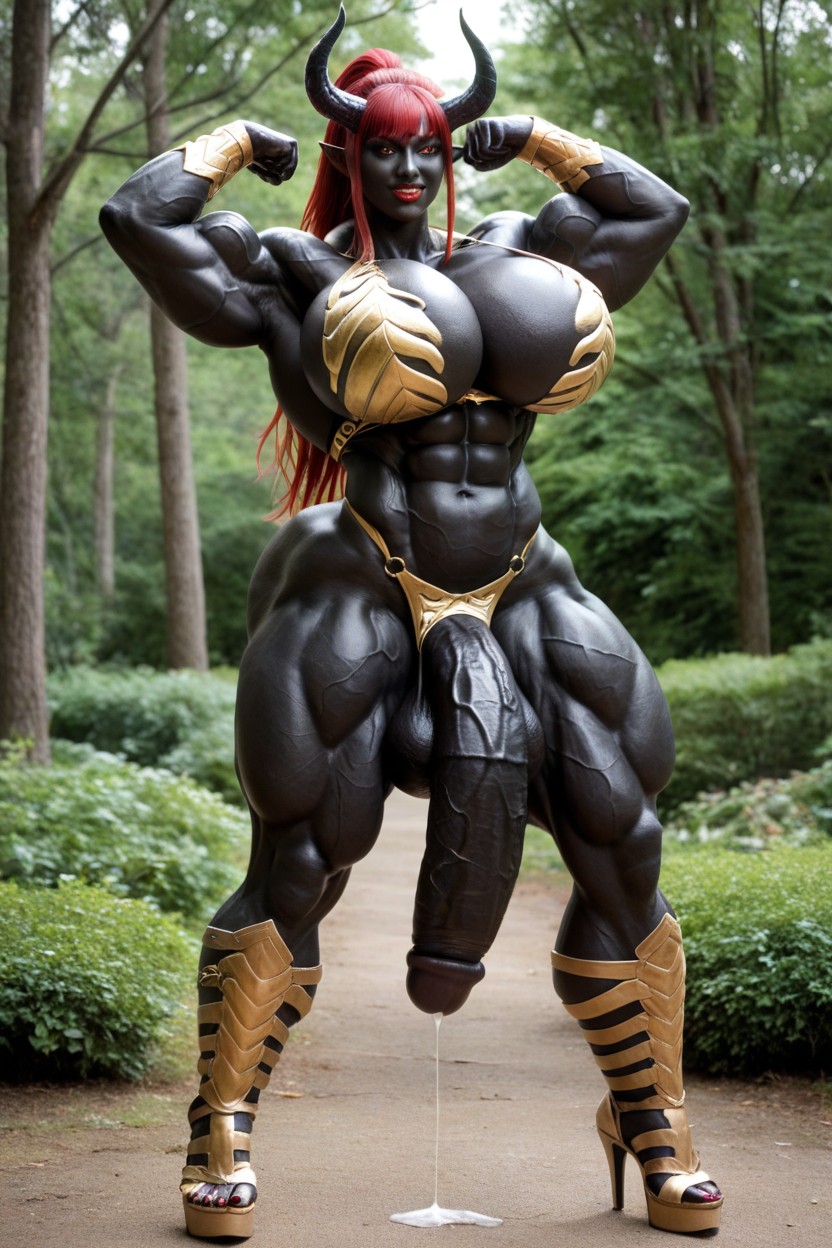 Gigantic Perfect Boobs, Black Skin, Exaggerated Massive Black Cock Shemale AI Porn