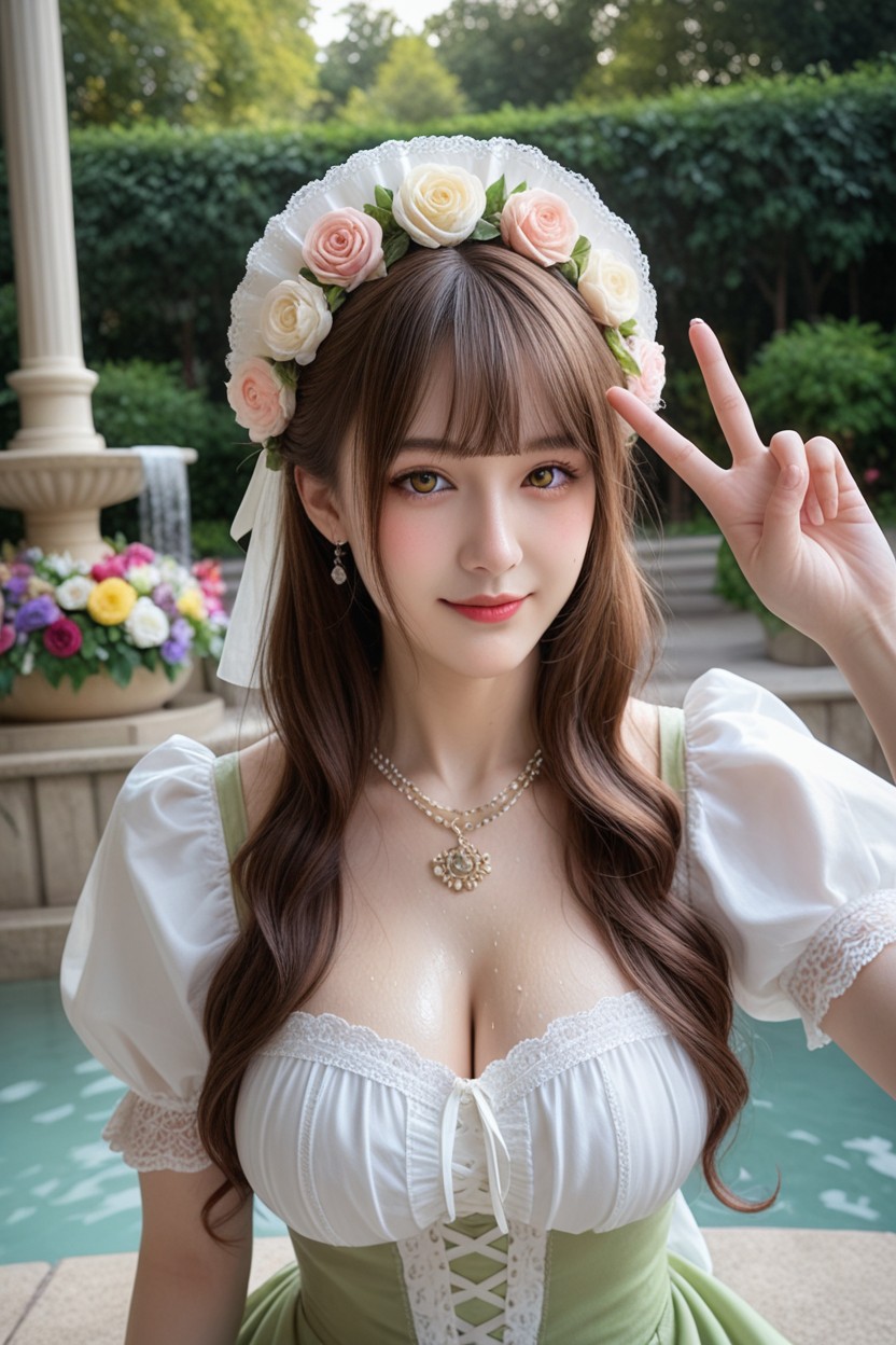 White Frilly Victorian Bonnet With Colorful Ornaments, Cinematic, Plano Mediot Porno asiático IA