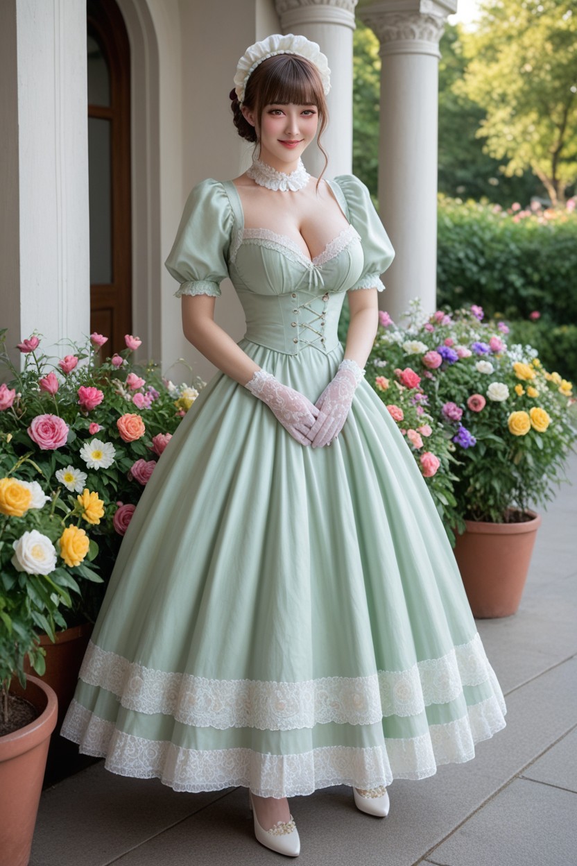 Hourglass, Both Haands Lifting Skirt, In Victorian Garden Asian AI Porn