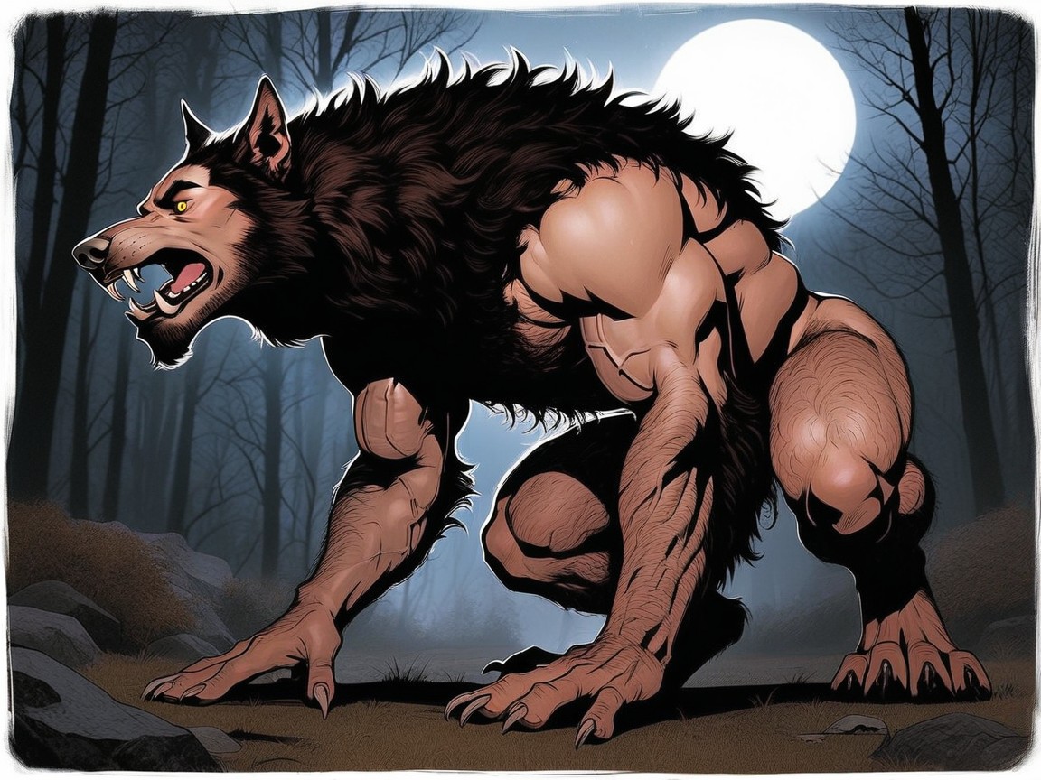 Semi Naked, Fur Sprouting From Chest, A Highly Detailed Photorealistic Drawing Of A Monstrous Werewolf AI Gay Porn