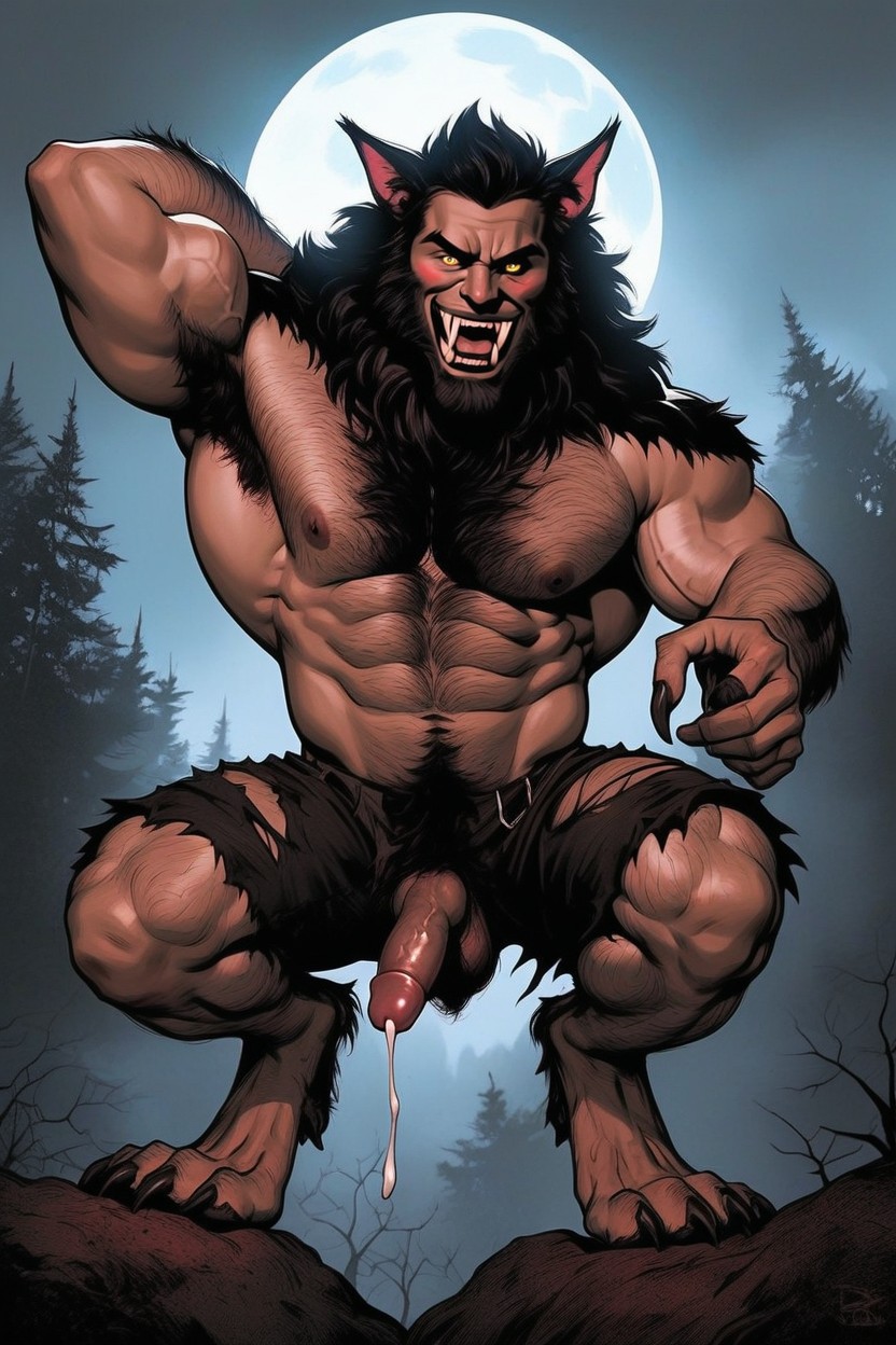 Front View, Full Moon Illuminated Forest, Werewolf Ears AI Gay Porn