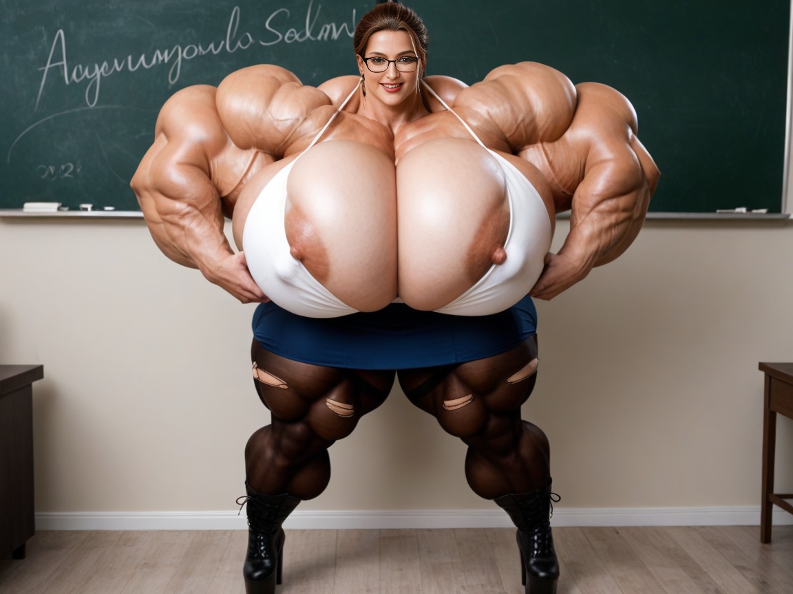 Ponytail, Glasses, Hyper Gigantic Massive Muscles Woman AI Porn