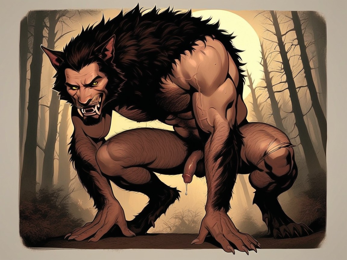 Vêtements Déchirés, Large Hairy Clawed Hands, A Pastel Drawing With The Most Photorealistic Details Showing A Werewolf Porno IA Gay