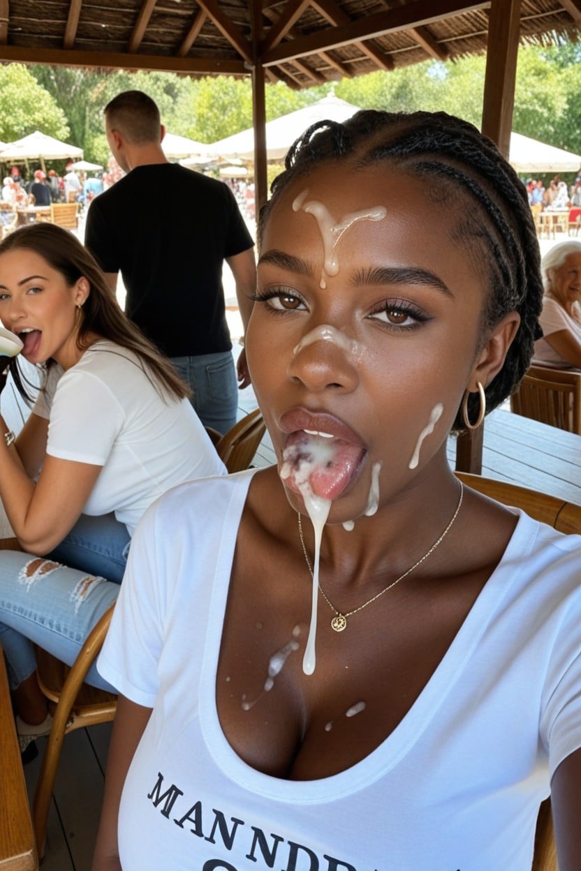 Top Down, Cafe, Thick Cum On Her Chest And Shirt AI Porn