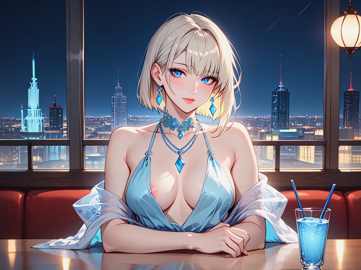 Breasts Visible Through Dress, Rooftop Background, Big Blue Eyes Hentai AI Porn