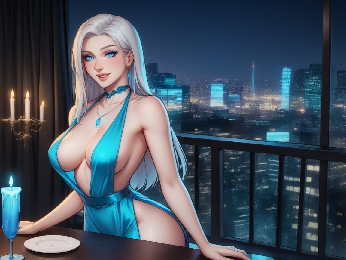Elegant Woman At Candlelit Table, Hourglass Body Type, Long Pointed Pink Nipples Hentai AI Porn