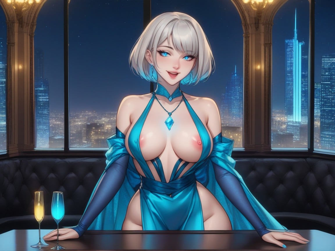 Vibrant Saturated Colors, Neon Blue City Skyline In Distance, Happy Face Hentai AI Porn