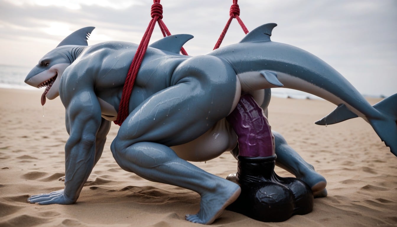 Colossal Oversized Dildo Fills The Gay Shark Body Up, Shark Torso Extreme Filled Out By Massive Broad Dildo, Photorealistic Style AI Gay Porn