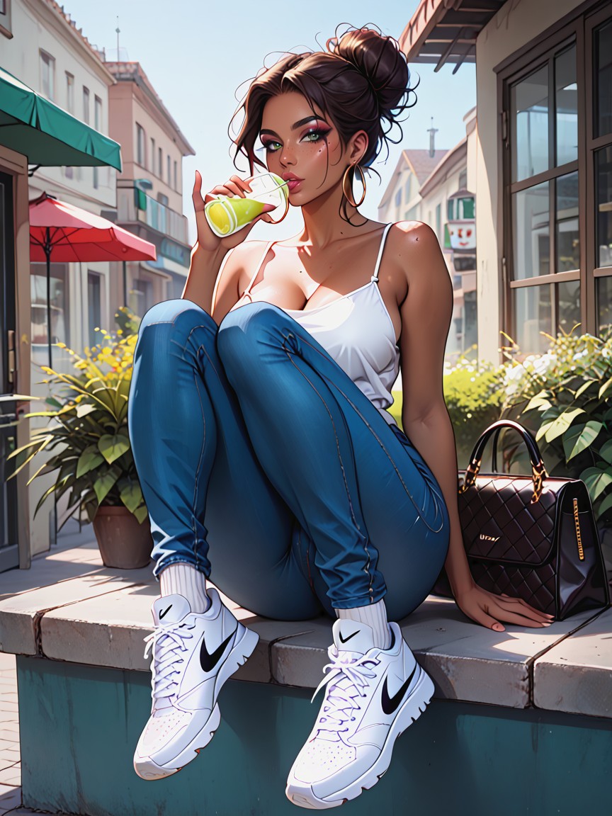 Brunette Messy Hair With Bun, Realistic, Large Hoop Gold Earrings Hentai AI Porn