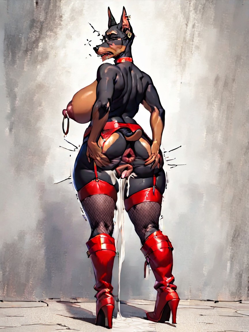 Long Nipples, Red Knee High Boots, Boots Furry AI Porn