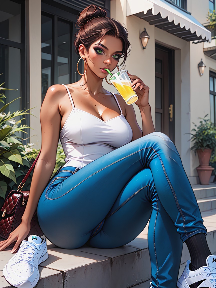 Brunette Messy Hair With Bun, Naval Piercing, Thigh Gap Hentai AI Porn